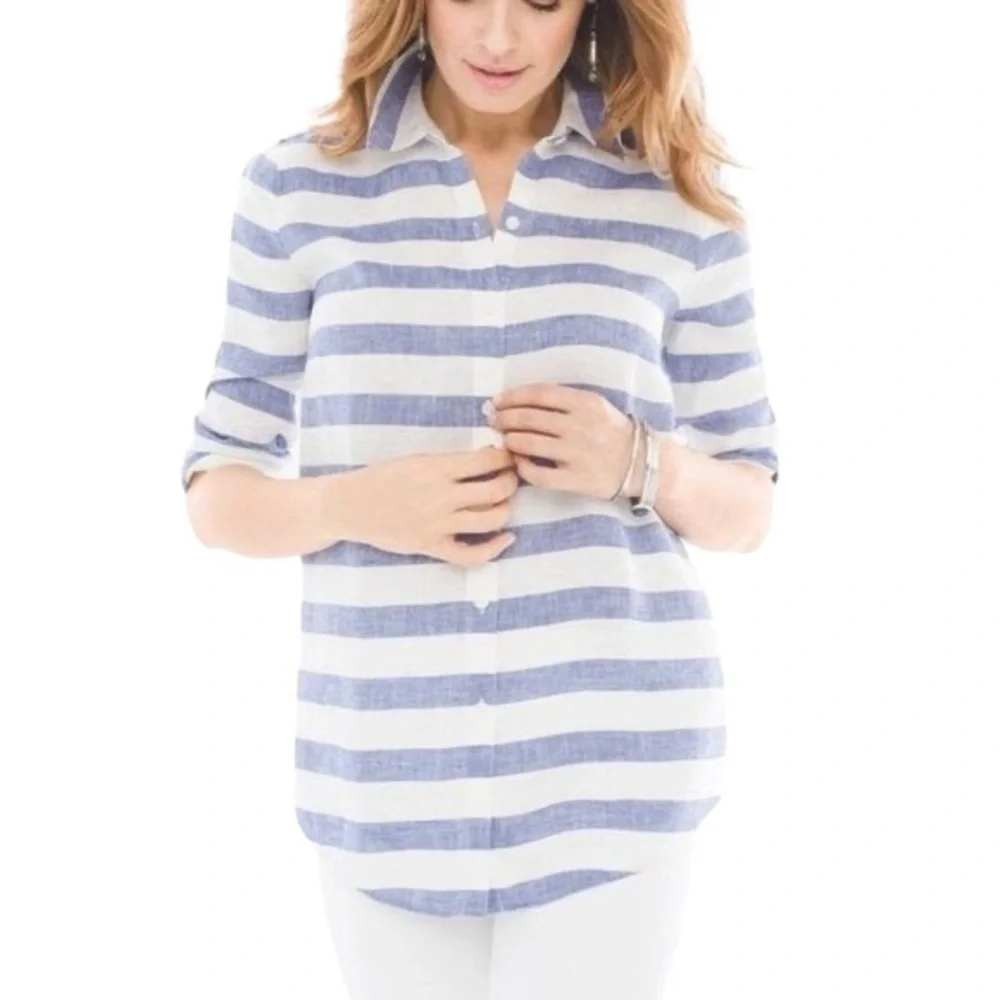 Chico's No-Iron 100% Linen Blue White Striped Button Down Shirt Size 1 Medium